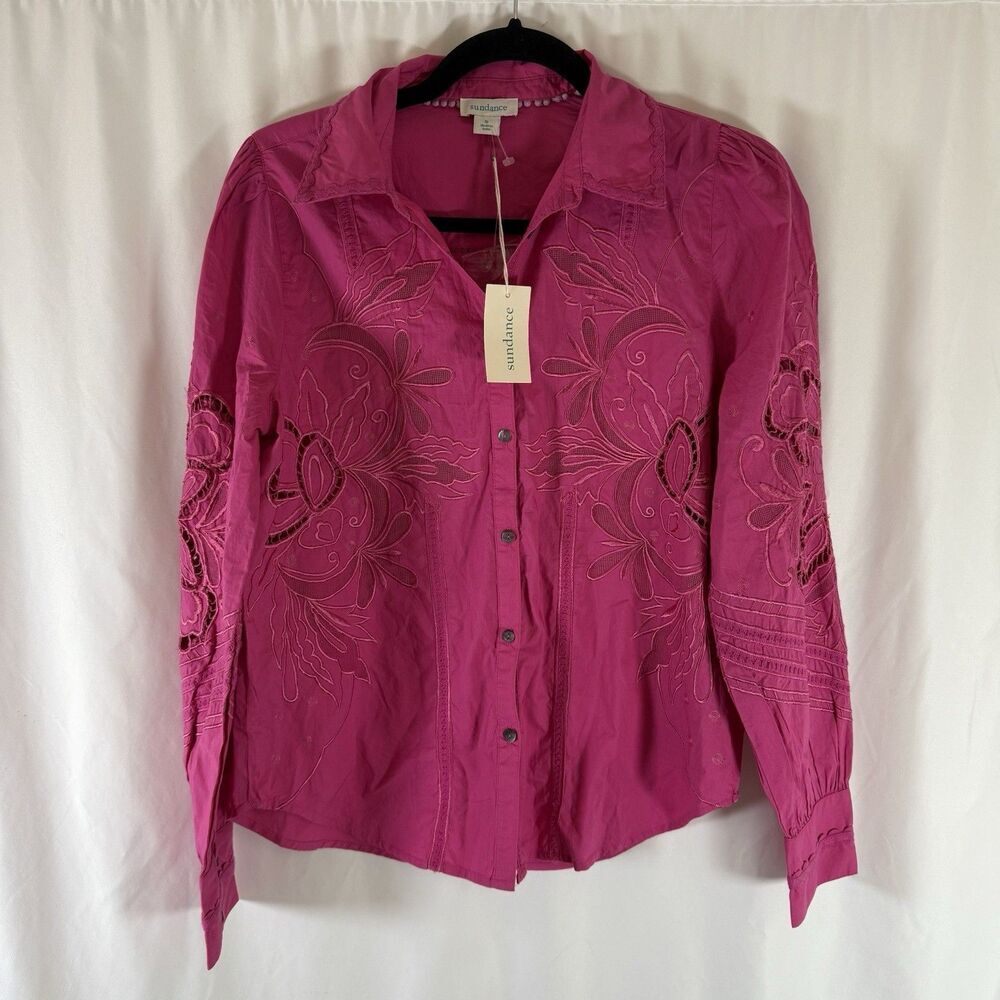 New Sundance Blouse Women's Small Pink Embroidered Lace Button Up Long Sleeve